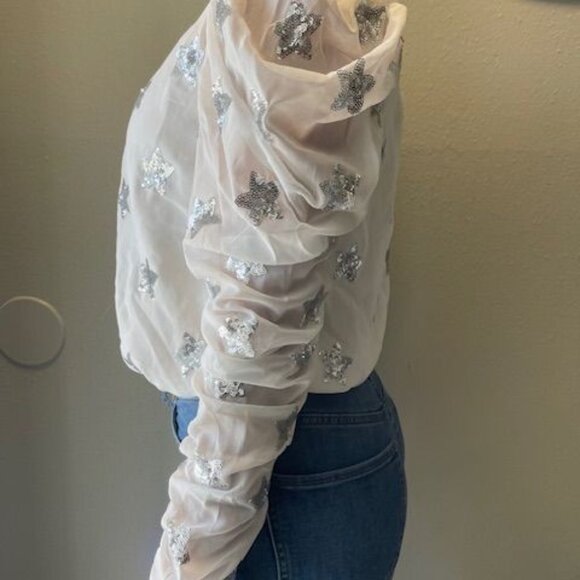 BuddyLove Womens Sequin Star Top White Puffy Long Sleeve Fashion Elegant outfit - Picture 3 of 16